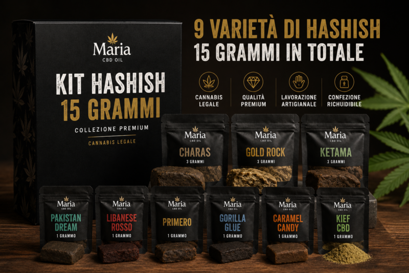 Kit Hashish 15 grammi Maria CBD Oil con 9 varietà premium: Charas, Gold Rock, Ketama, Pakistan Dream, Libanese Rosso, Primero, Gorilla Glue, Caramel Candy e Kief CBD.