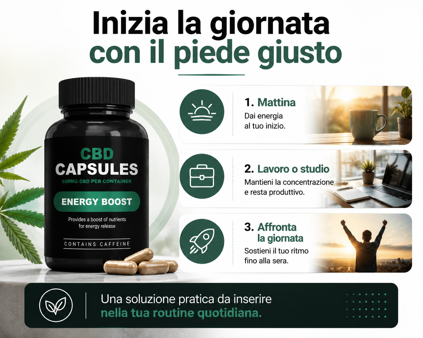Infografica delle Capsule CBD con Caffeina Energy Boost che mostra come integrare il prodotto nella routine quotidiana: mattina, lavoro o studio e attività della giornata.
