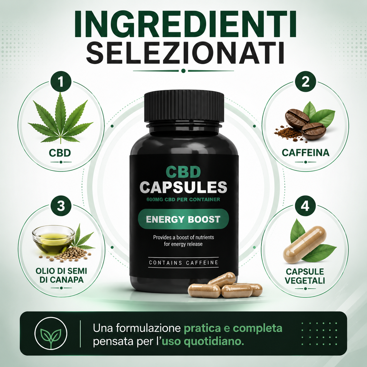 Infografica delle Capsule CBD con Caffeina Energy Boost che mostra gli ingredienti principali: CBD, caffeina, olio di semi di canapa e capsule vegetali.