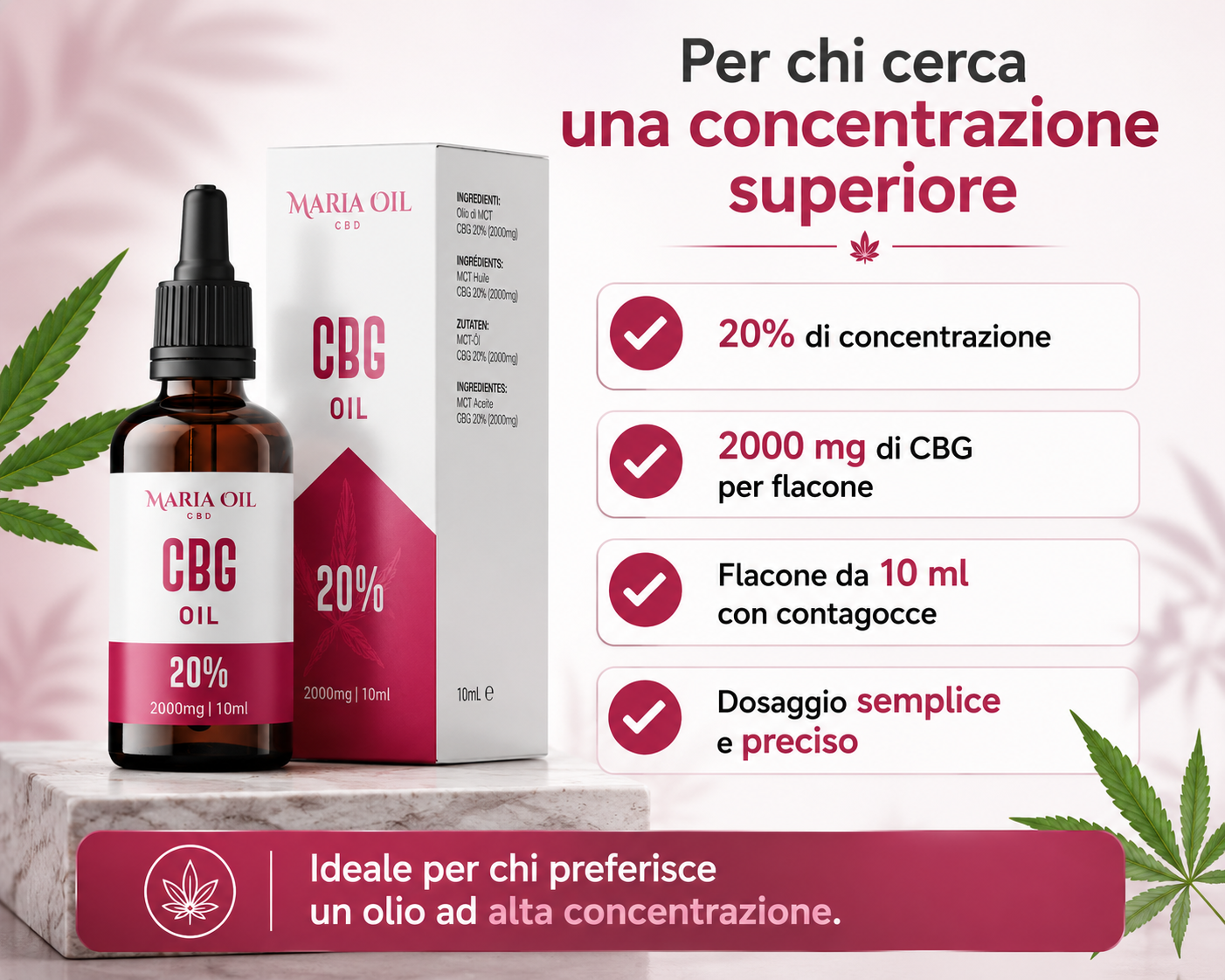 Infografica dell'Olio CBG 20% Maria CBD Oil che evidenzia la concentrazione del 20%, 2000 mg di CBG per flacone, flacone da 10 ml con contagocce e dosaggio semplice e preciso.