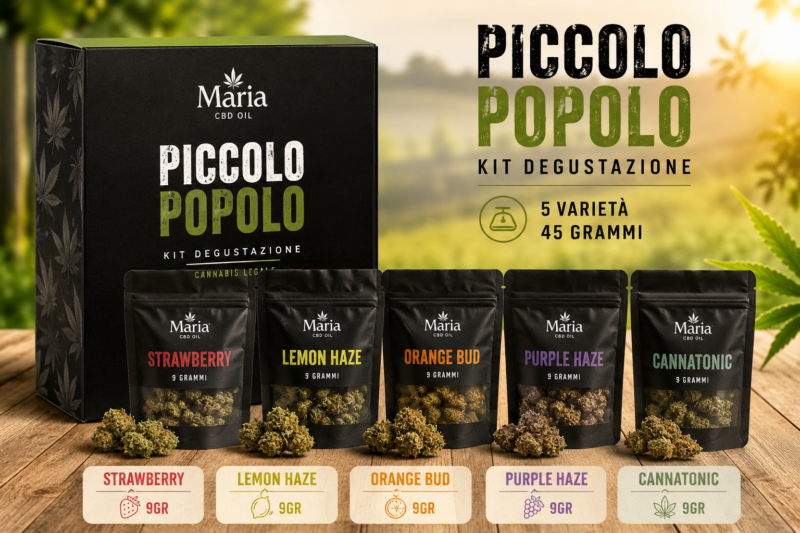 Kit Piccolo Popolo Maria CBD Oil con 45 grammi di fiori CBD: Strawberry, Lemon Haze, Orange Bud, Purple Haze e Cannatonic.