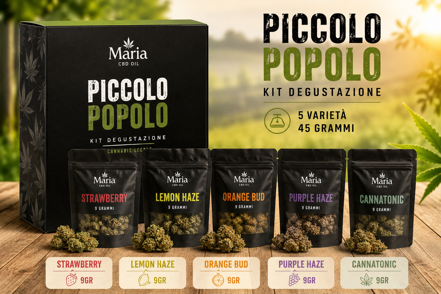 Kit Piccolo Popolo Maria CBD Oil con 45 grammi di fiori CBD: Strawberry, Lemon Haze, Orange Bud, Purple Haze e Cannatonic.