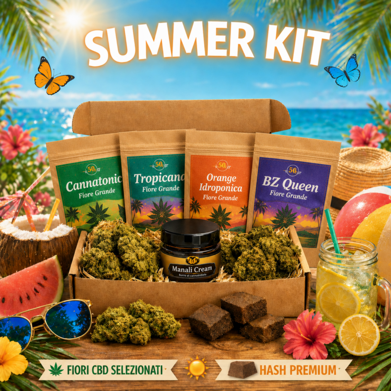 Summer Kit CBD con fiori CBD Cannatonic, Tropicana, Orange Idroponica e BZ Queen Fiore Grande, hash premium e crema al CBD su sfondo tropicale estivo.