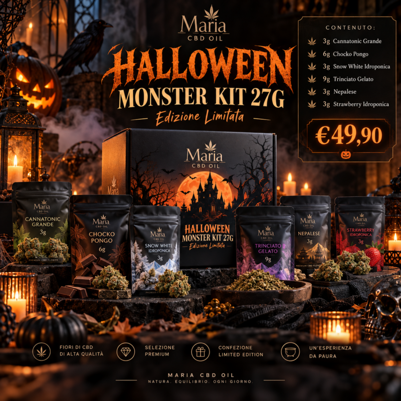 Halloween Monster Kit 27G Maria CBD Oil con Cannatonic Grande, Chocko Pongo, Snow White, Trinciato Gelato, Nepalese e Strawberry